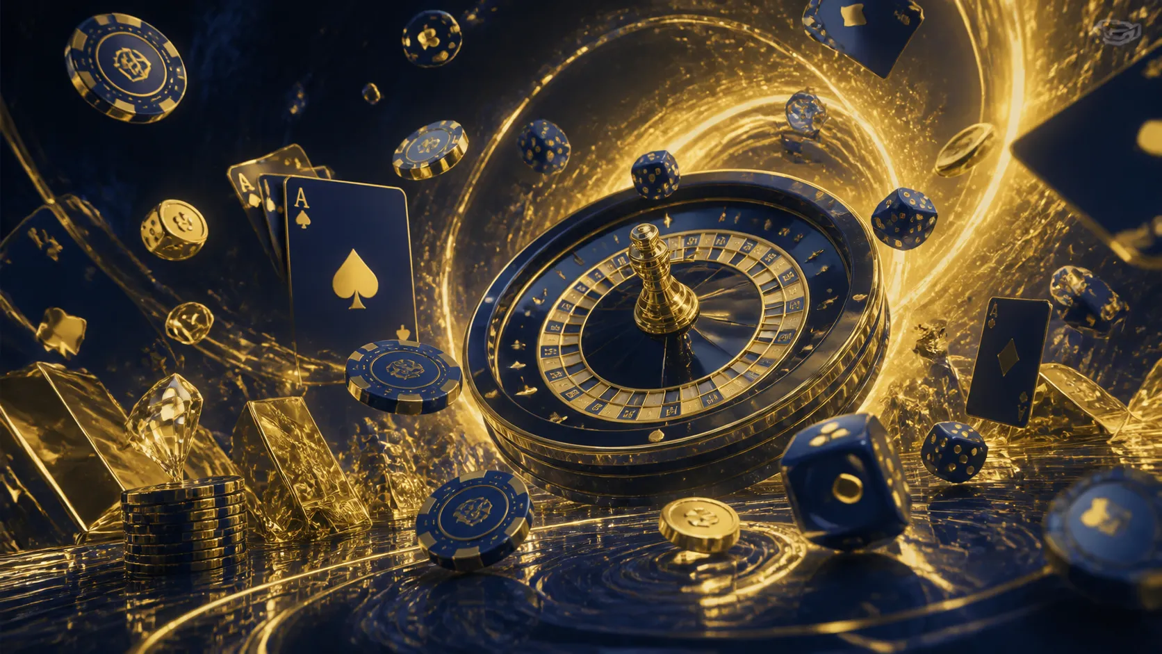 Futuristic casino scene with holographic roulette wheel and glowing poker chips in a sleek composition.