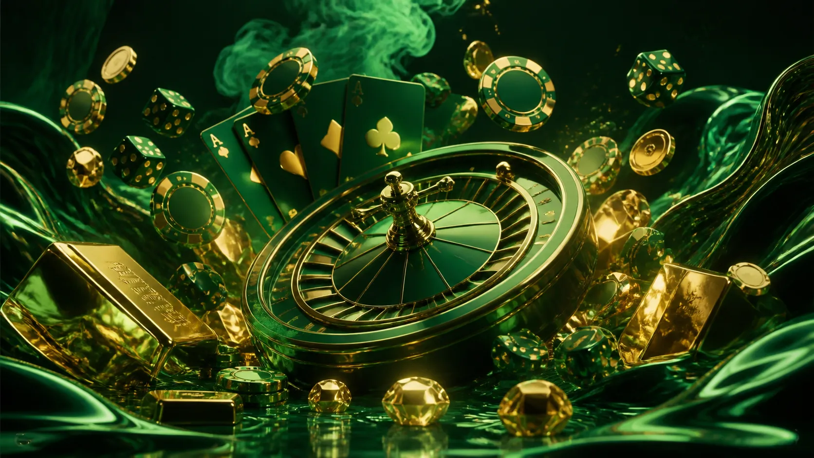 Glossy 3D render of casino items in neon glow, featuring poker chips, cards, and dice, evoking luxury and excitement in a cyb